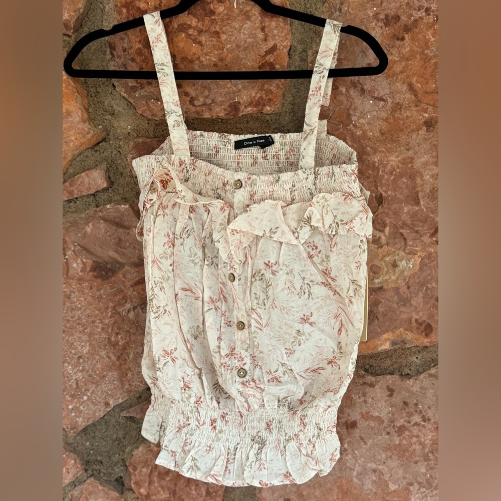 Anthropologie Cream Floral Button-Front Ruffled Tank